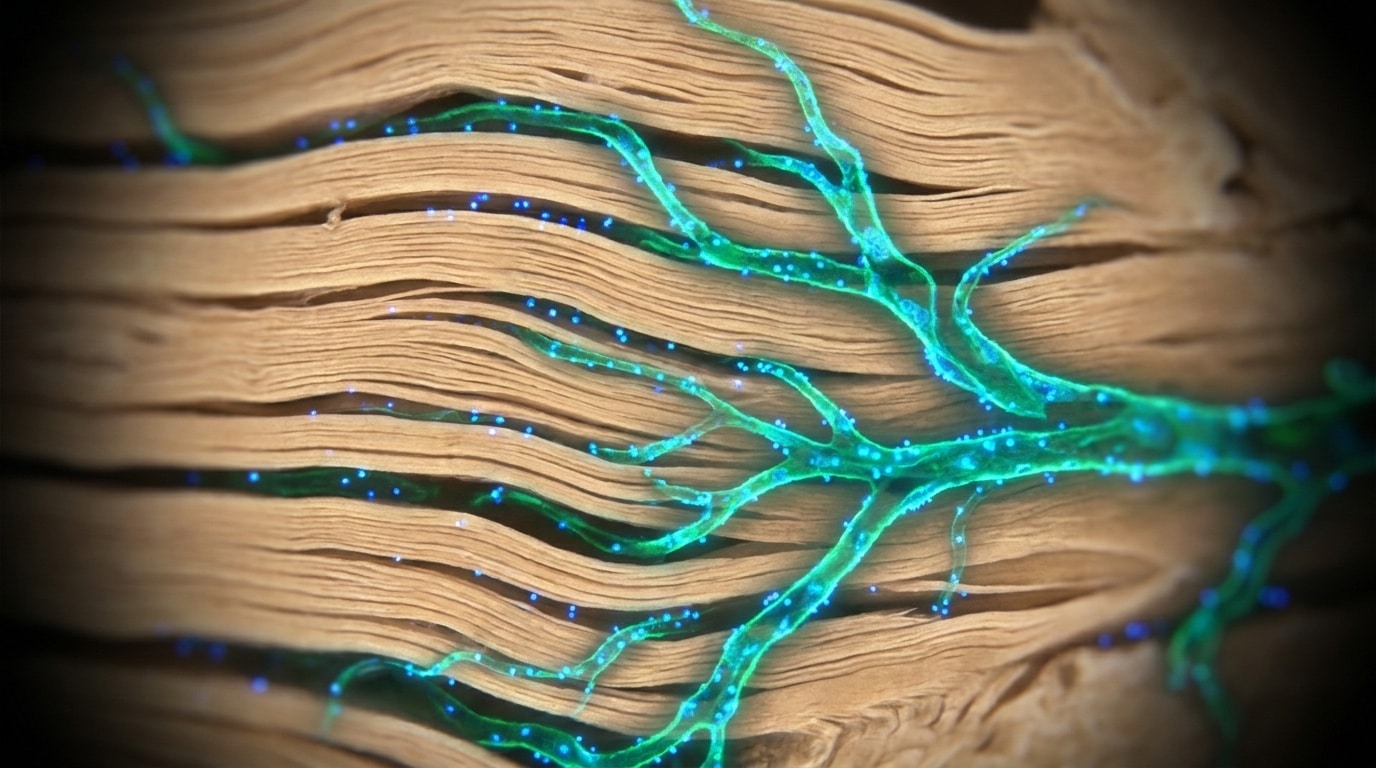 Coupe histologique microscopique de tissu tendineux montrant néovaisseaux fluorescents cyan et émeraude entre faisceaux de collagène, récepteurs VEGFR2 illuminés sur les membranes cellulaires