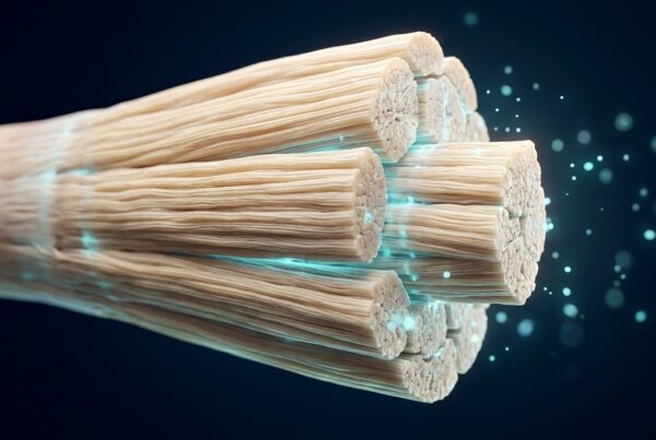 Coupe transversale anatomique du tendon dAchille montrant les faisceaux de fibres de collagène avec lueur cellulaire cyan, photographie scientifique premium
