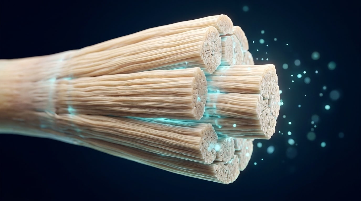 Coupe transversale anatomique du tendon dAchille montrant les faisceaux de fibres de collagène avec lueur cellulaire cyan, photographie scientifique premium