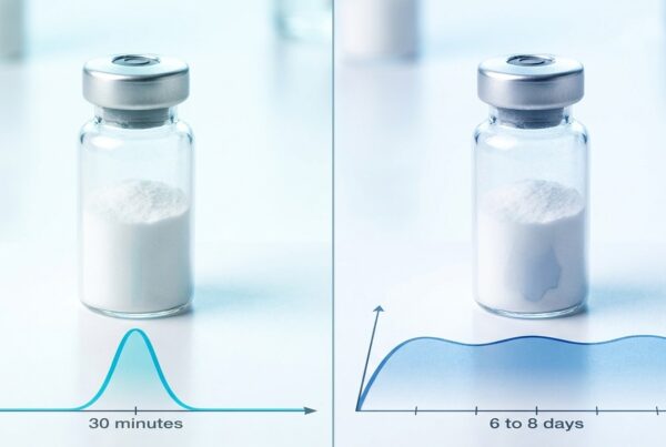 Composition éditoriale scientifique split-screen montrant deux courbes pharmacocinétique opposées CJC-1295 no DAC pulse court 30 minutes versus CJC-1295 DAC plateau soutenu 6 à 8 jours avec deux flacons distincts