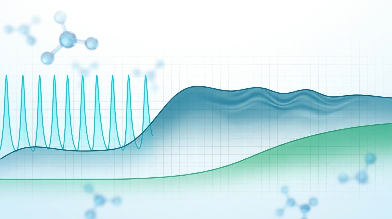 Dataviz scientifique de courbes pharmacocinétiques superposées sur 14 jours montrant GH amplitude en pulses courts pour CJC-1295 no DAC versus plateau soutenu pour CJC-1295 DAC avec courbe IGF-1 progressive en pointillés vert émeraude