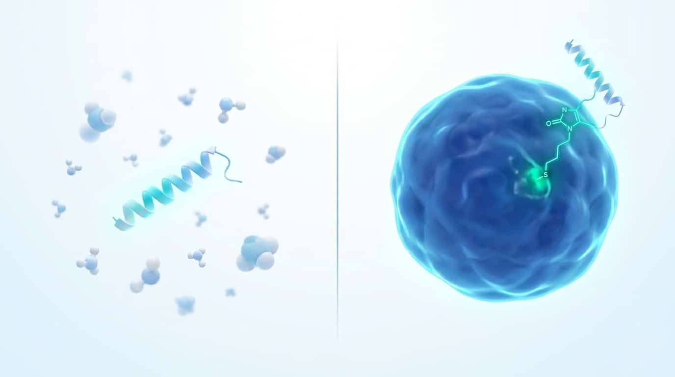 Visualisation moléculaire 3D du peptide CJC-1295 avec son linker maléimidopropionyl docké sur le résidu cystéine 34 de l albumine sérique humaine formant une liaison thioether covalente, vs peptide no DAC libre dans le plasma