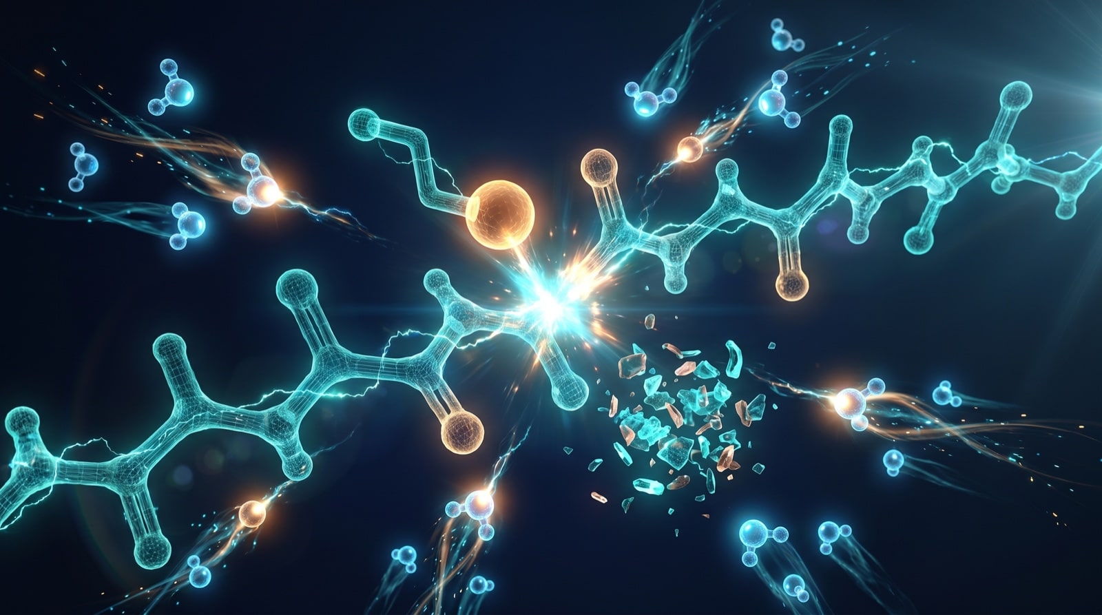Illustration du mécanisme de dégradation moléculaire d'un peptide : clivage hydrolytique et oxydation