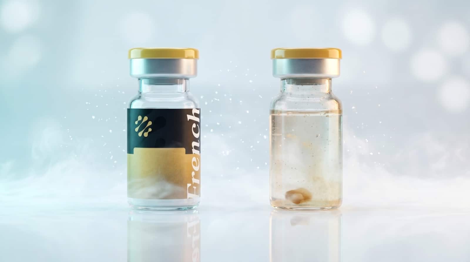 Comparaison entre un flacon de peptide intact limpide et un flacon dégradé trouble avec particules