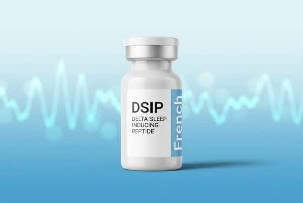 Flacon de recherche DSIP Delta Sleep Inducing Peptide French Peptides avec ondes EEG delta cyan en bokeh, design pharma éditorial moderne