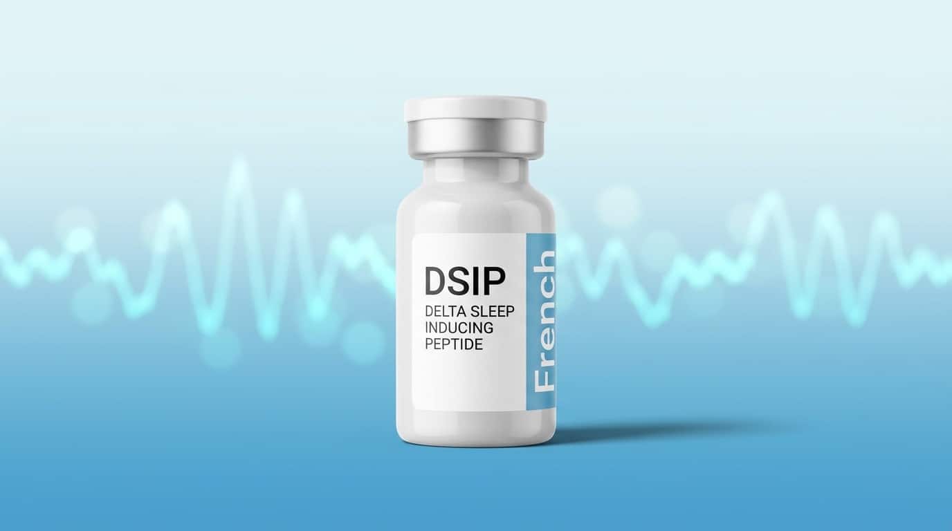 Flacon de recherche DSIP Delta Sleep Inducing Peptide French Peptides avec ondes EEG delta cyan en bokeh, design pharma éditorial moderne