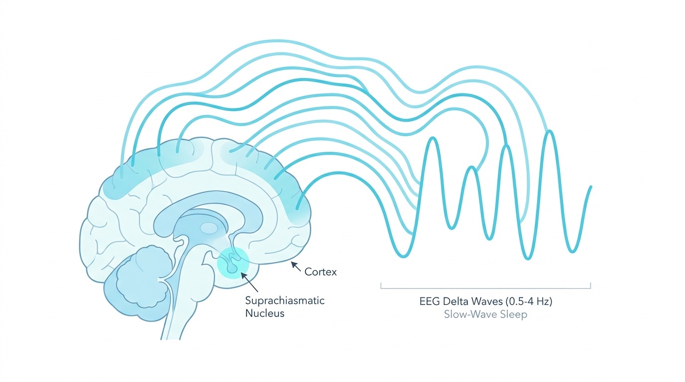 Schéma scientifique des ondes EEG delta du sommeil lent profond étudiées en recherche avec le DSIP : cortex cérébral, oscillations 0,5-4 Hz haute amplitude