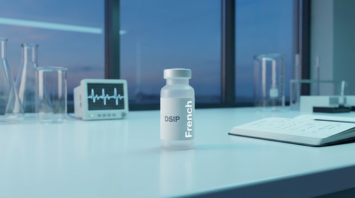 Flacon DSIP Delta Sleep Inducing Peptide French Peptides sur paillasse de laboratoire avec verrerie scientifique en bokeh, recherche pharmaceutique neuropeptide