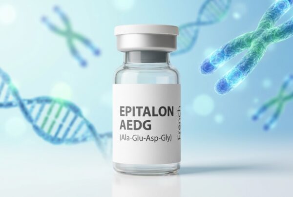 Flacon de recherche Épitalon AEDG French Peptides avec structures ADN télomères en bokeh cyan, design pharma éditorial moderne