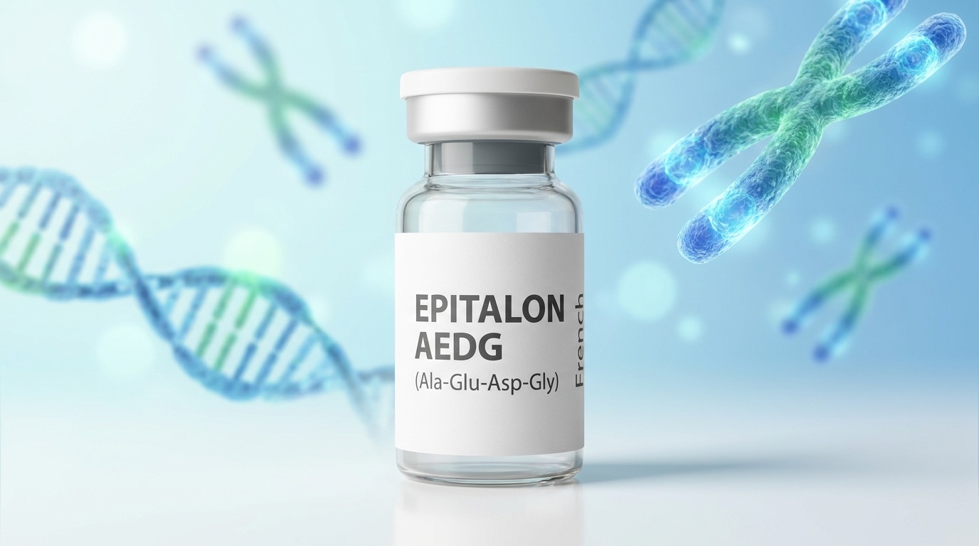Flacon de recherche Épitalon AEDG French Peptides avec structures ADN télomères en bokeh cyan, design pharma éditorial moderne