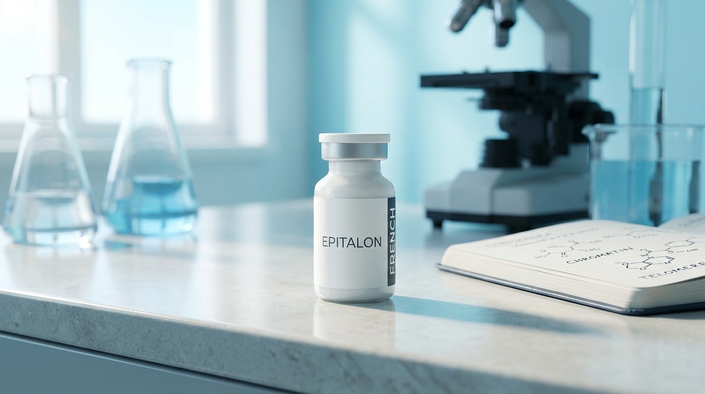Flacon Épitalon AEDG French Peptides sur paillasse de laboratoire avec verrerie scientifique en bokeh, recherche pharmaceutique préclinique biogérontologie
