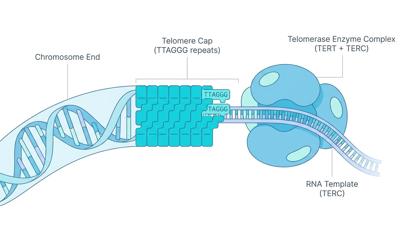 Schéma scientifique de la biologie des télomères et de l'activité télomérase étudiée en recherche avec l'Épitalon AEDG : chromosome cap TTAGGG, enzyme hTERT