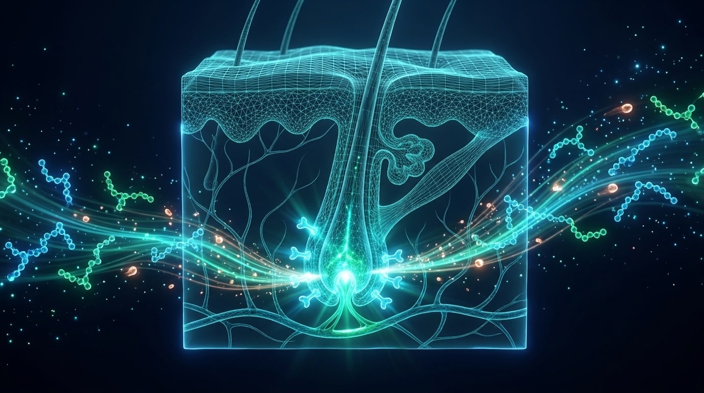 Anatomie 3D follicule pileux et papille dermique avec signalisation peptidique et facteurs de croissance VEGF en visualisation cyan émeraude