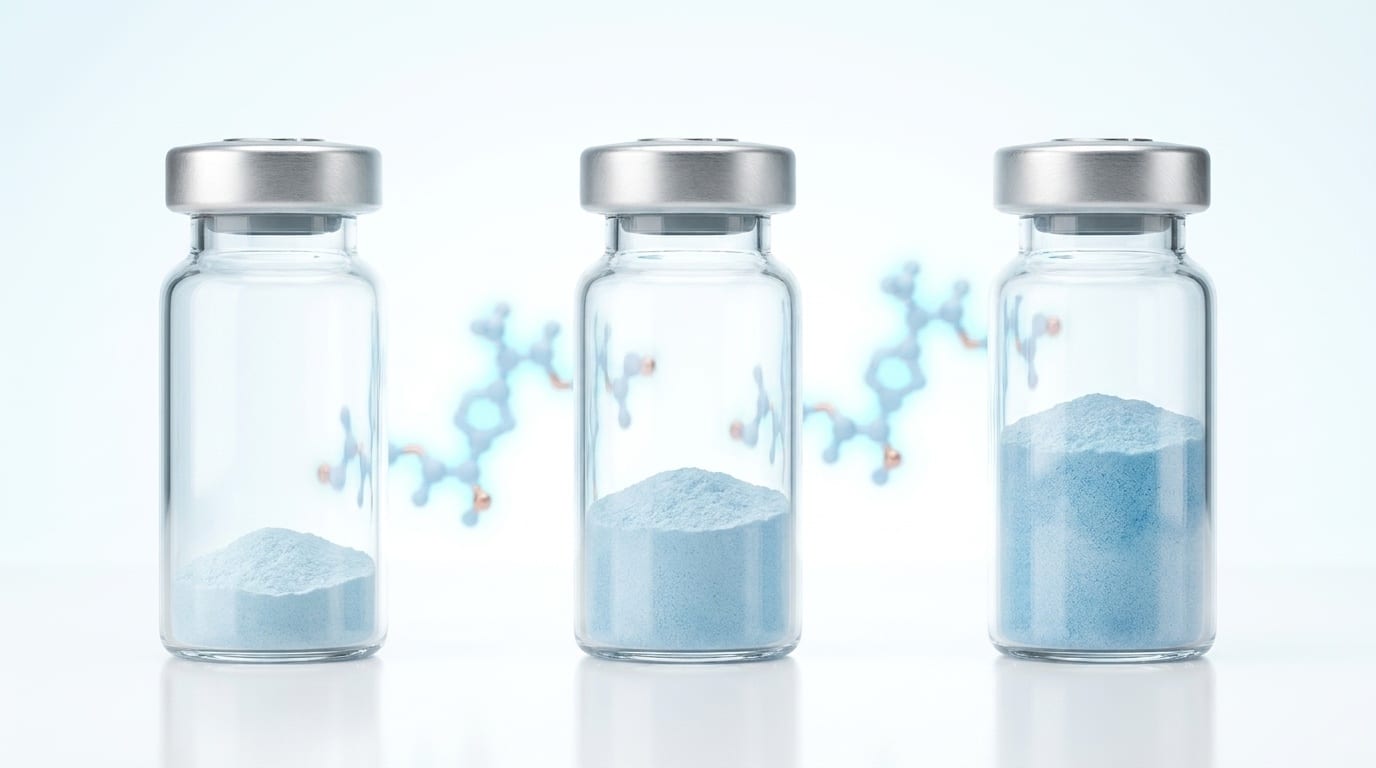 Trois flacons GHK-Cu avec concentrations de poudre lyophilisée différentes représentant les paliers topiques 0,1% 0,5% et 2%