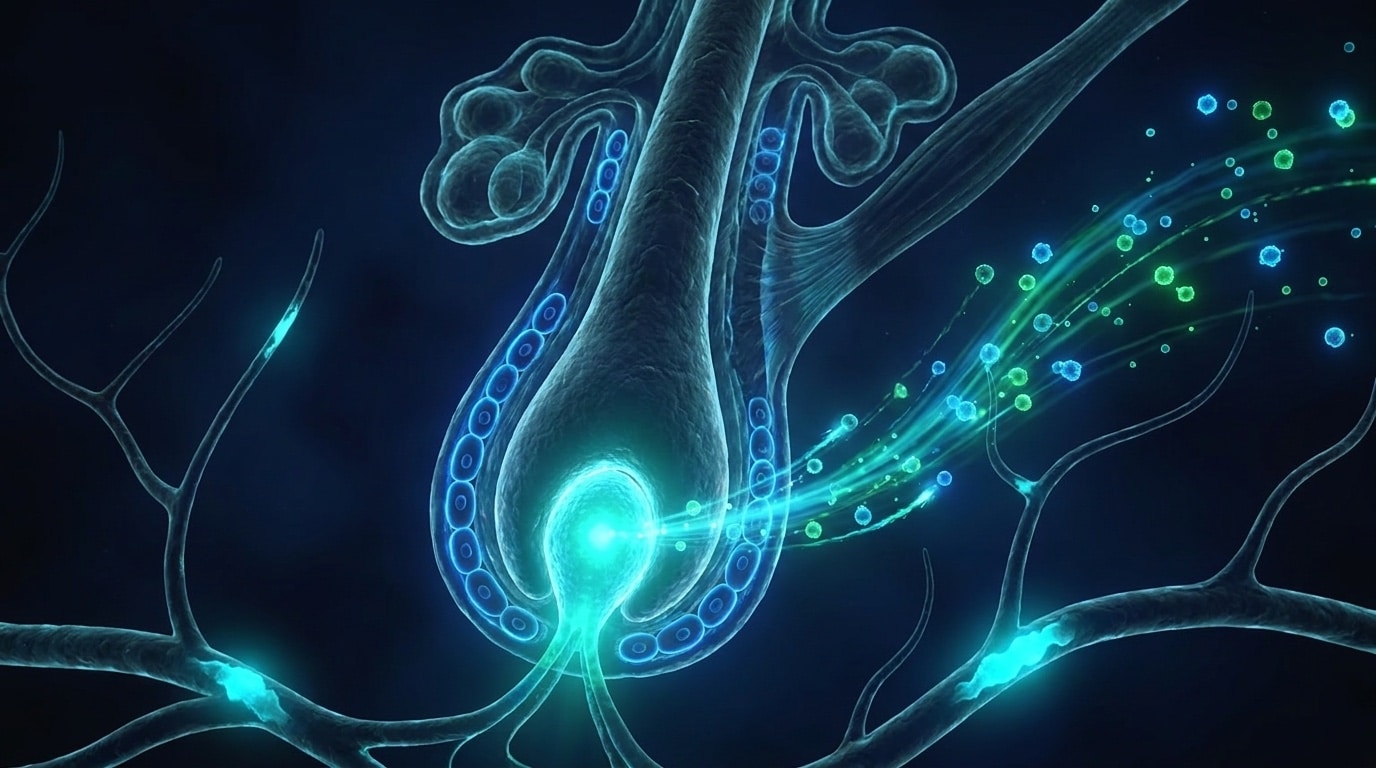Visualisation 3D d'un follicule pileux humain en coupe avec papille dermique, cellules matricielles et activité moléculaire cyan représentant la modulation par GHK-Cu, fond cinématique sombre