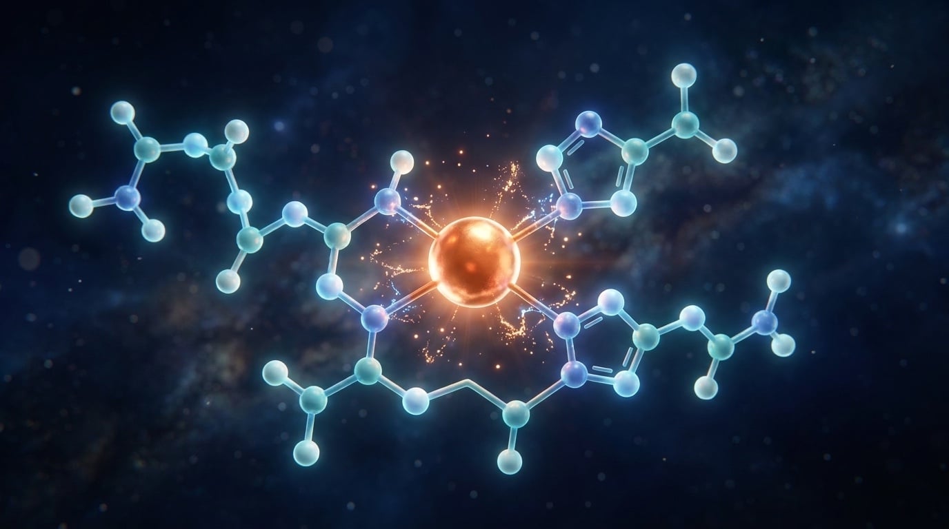 Visualisation 3D moléculaire du tripeptide GHK-Cu avec atome de cuivre central chélaté, structure peptidique glycine-histidine-lysine illuminée en cyan et orange cuivre sur fond sombre cinématique