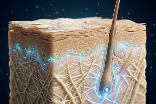 Coupe transversale anatomique de peau humaine montrant épiderme derme fibres collagène et follicule pileux avec lueur cellulaire cyan
