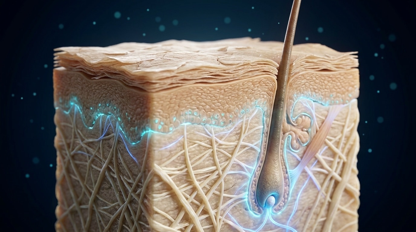 Coupe transversale anatomique de peau humaine montrant épiderme derme fibres collagène et follicule pileux avec lueur cellulaire cyan