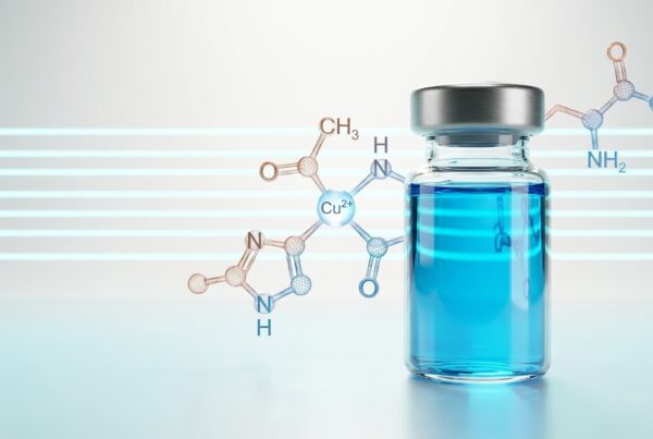 Vial pharmaceutique de GHK-Cu avec solution bleu cuivre naturelle et structures peptidiques cyan en bokeh, design pharma éditorial moderne
