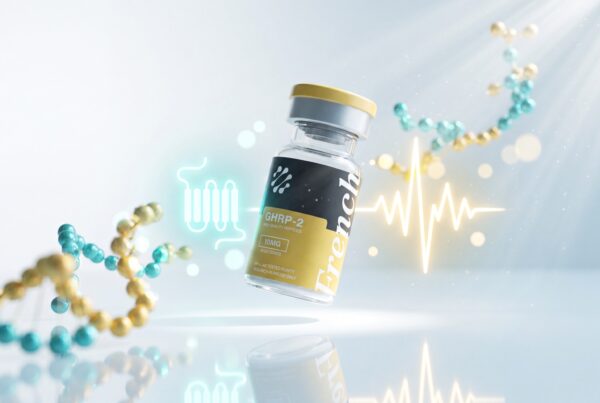 GHRP-2 pralmorelin sécrétagogue d hormone de croissance, flacon de recherche French Peptides avec motif ghréline et pic GH