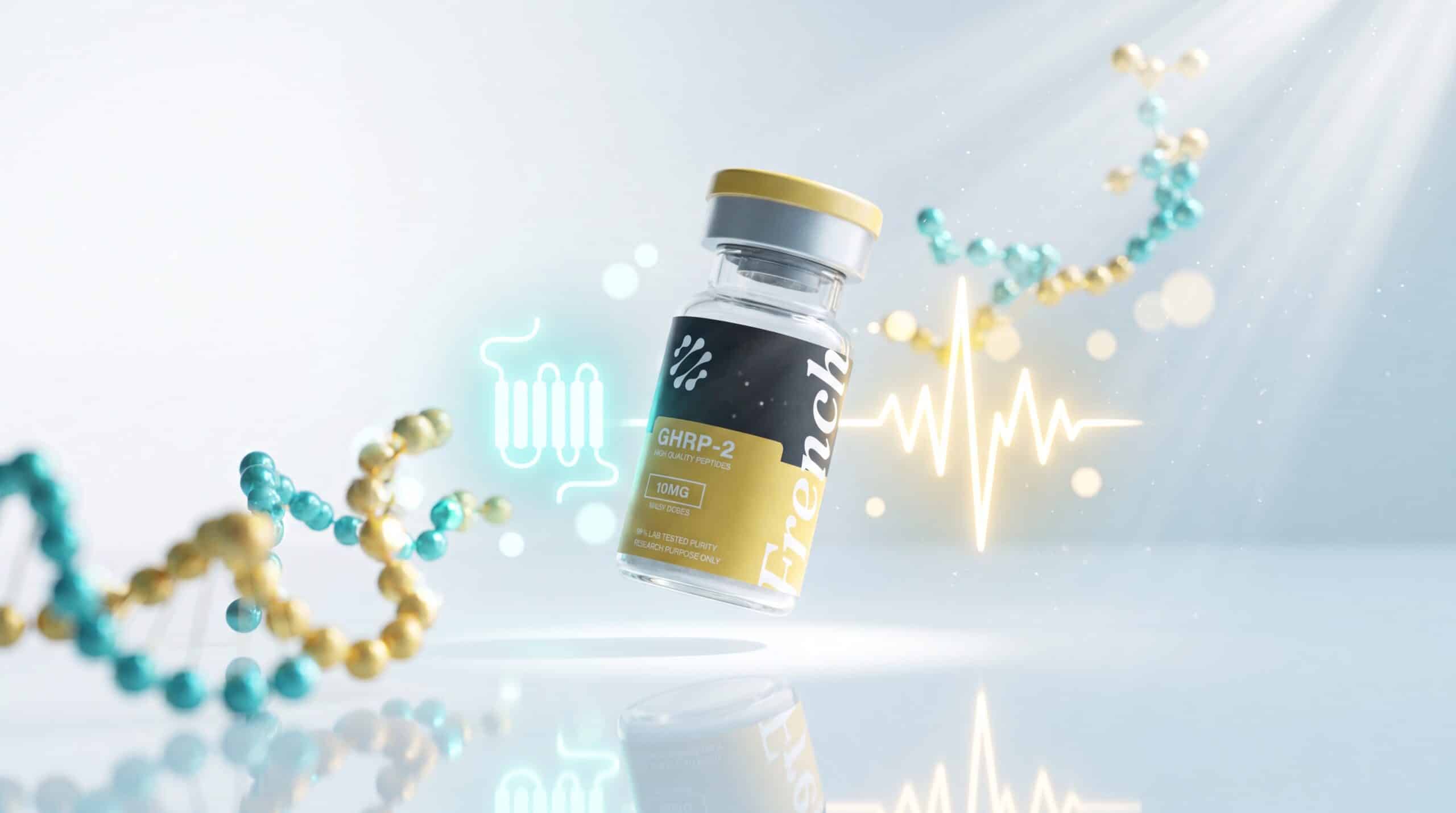 GHRP-2 pralmorelin sécrétagogue d hormone de croissance, flacon de recherche French Peptides avec motif ghréline et pic GH