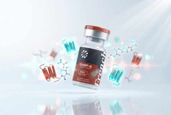 GHRP-6 sécrétagogue d hormone de croissance, flacon de recherche French Peptides avec motif ghréline et cascade GH