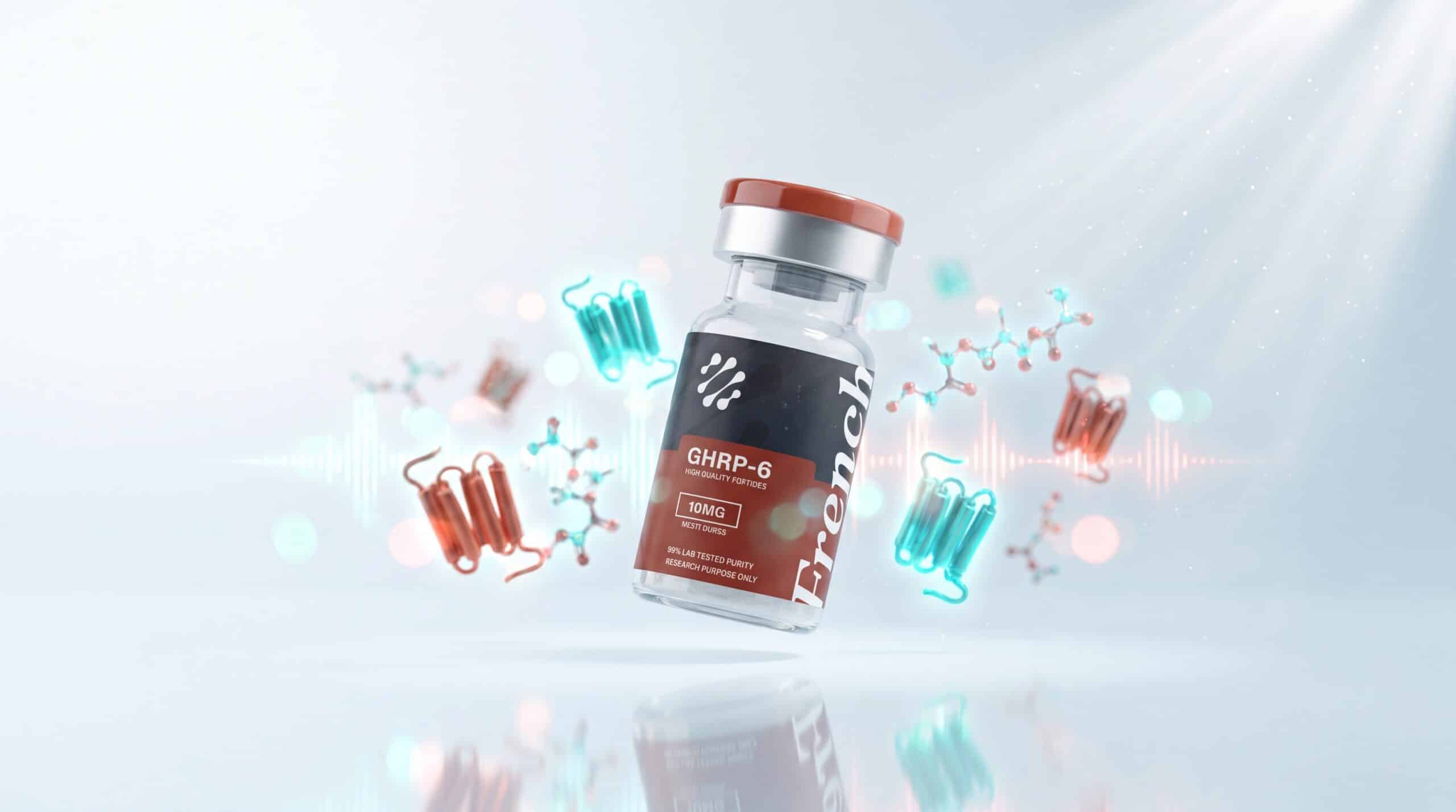 GHRP-6 sécrétagogue d hormone de croissance, flacon de recherche French Peptides avec motif ghréline et cascade GH