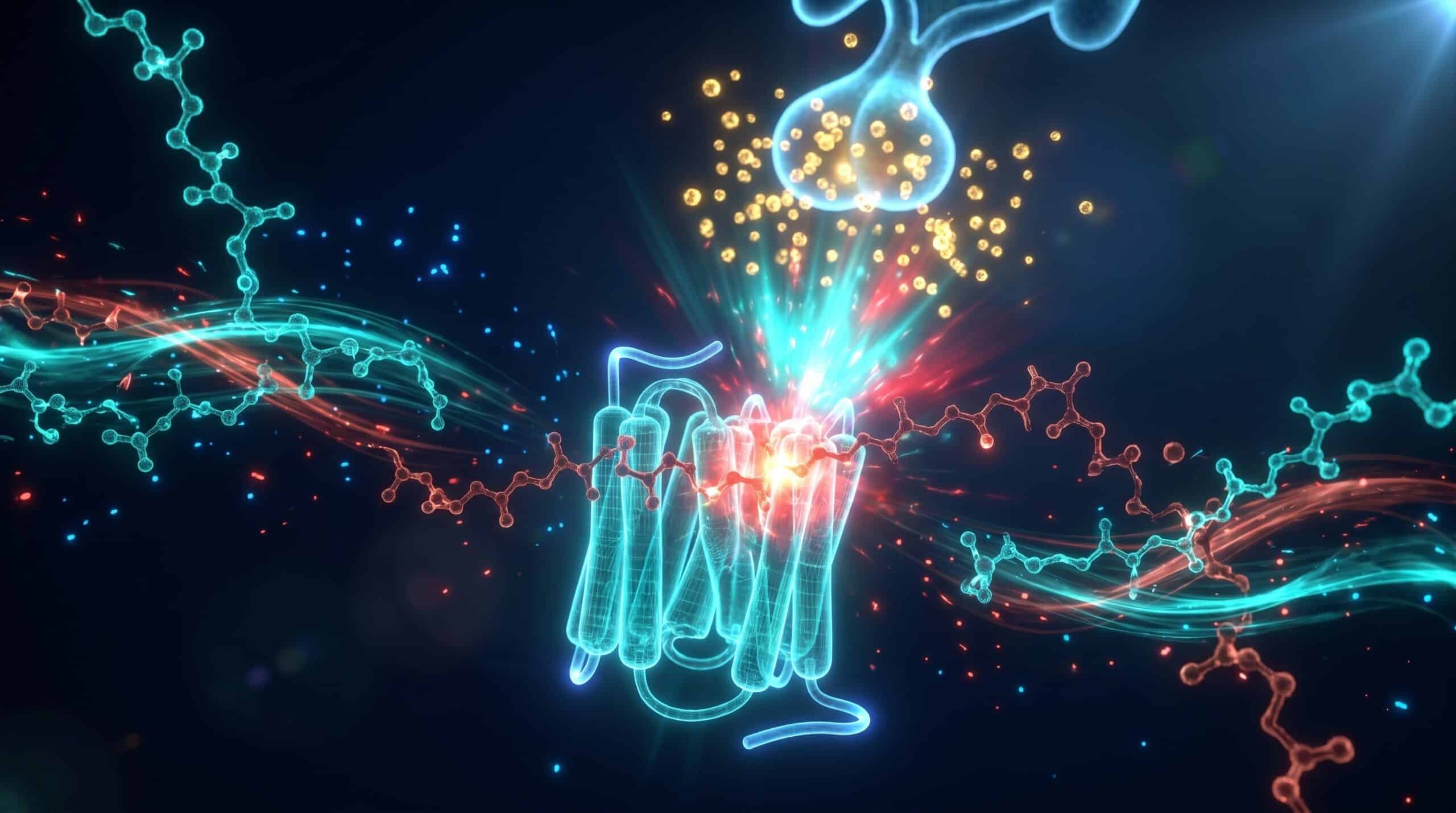 Mécanisme du GHRP-6, activation du récepteur GHS-R1a déclenchant une cascade d'hormone de croissance, illustration biotech sur fond sombre