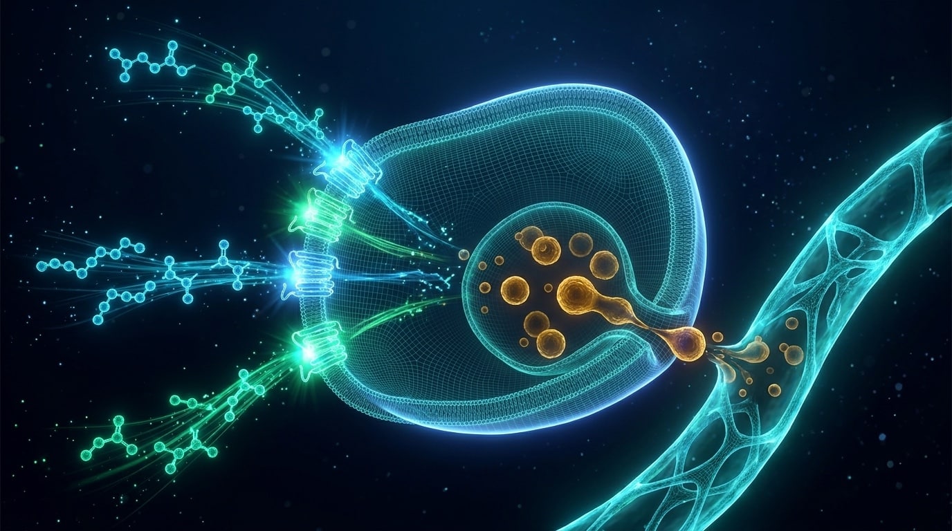 Cellule L intestinale 3D avec récepteurs FFAR2 FFAR3 GPR119 GPR120 GPR93 et sécrétion GLP-1 visualisation cyan émeraude pour mécanisme alternatives