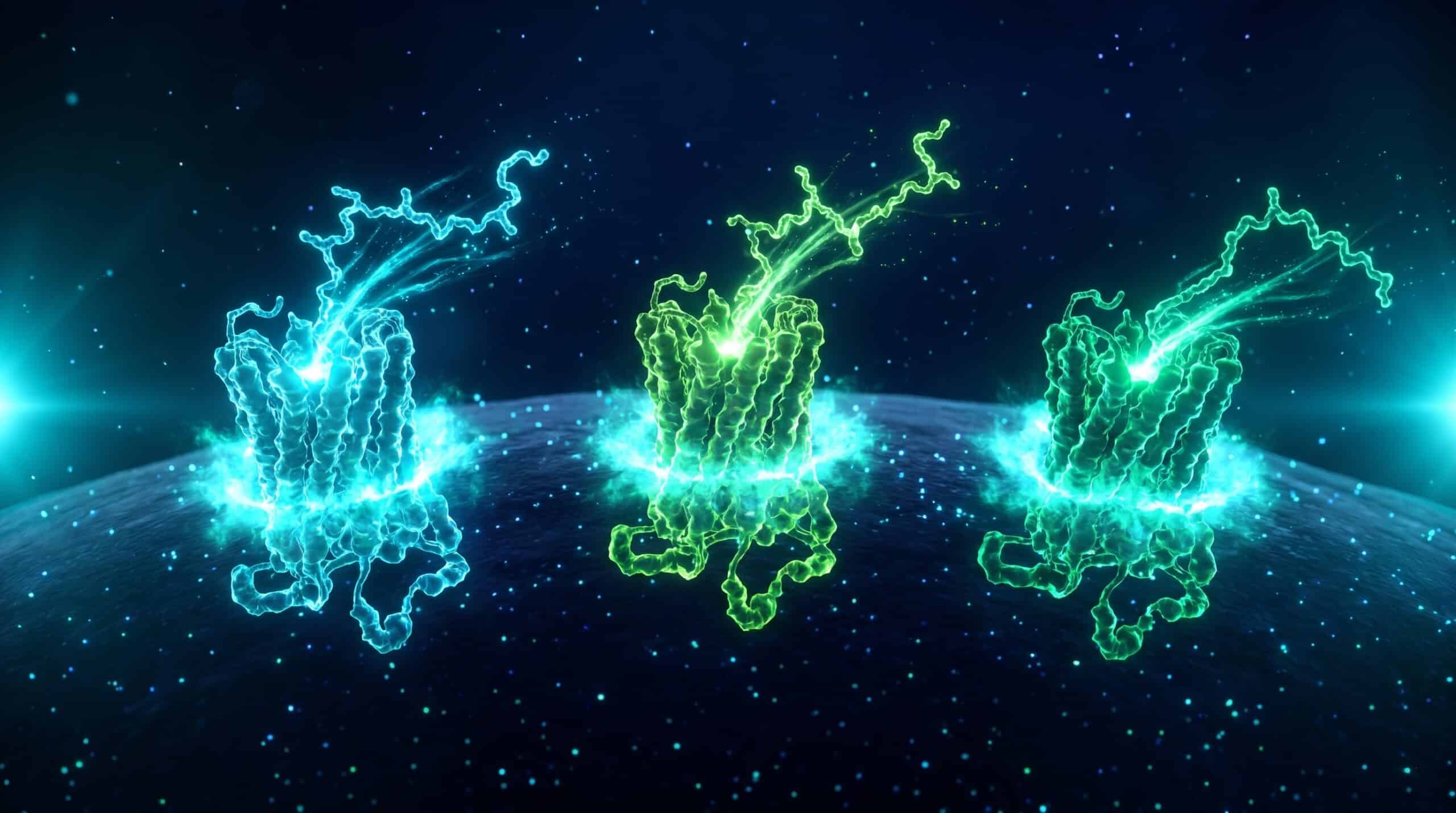 Illustration biotech 3D mécanisme d'action récepteurs cellulaires GLP-1 GIP Glucagon avec ligands en docking, glow cyan émeraude, agonistes incrétiniques