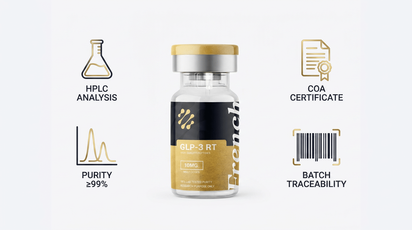 Critères qualité du rétatrutide GLP-3 RT, HPLC, COA, pureté ≥99 %, traçabilité lot, French Peptides