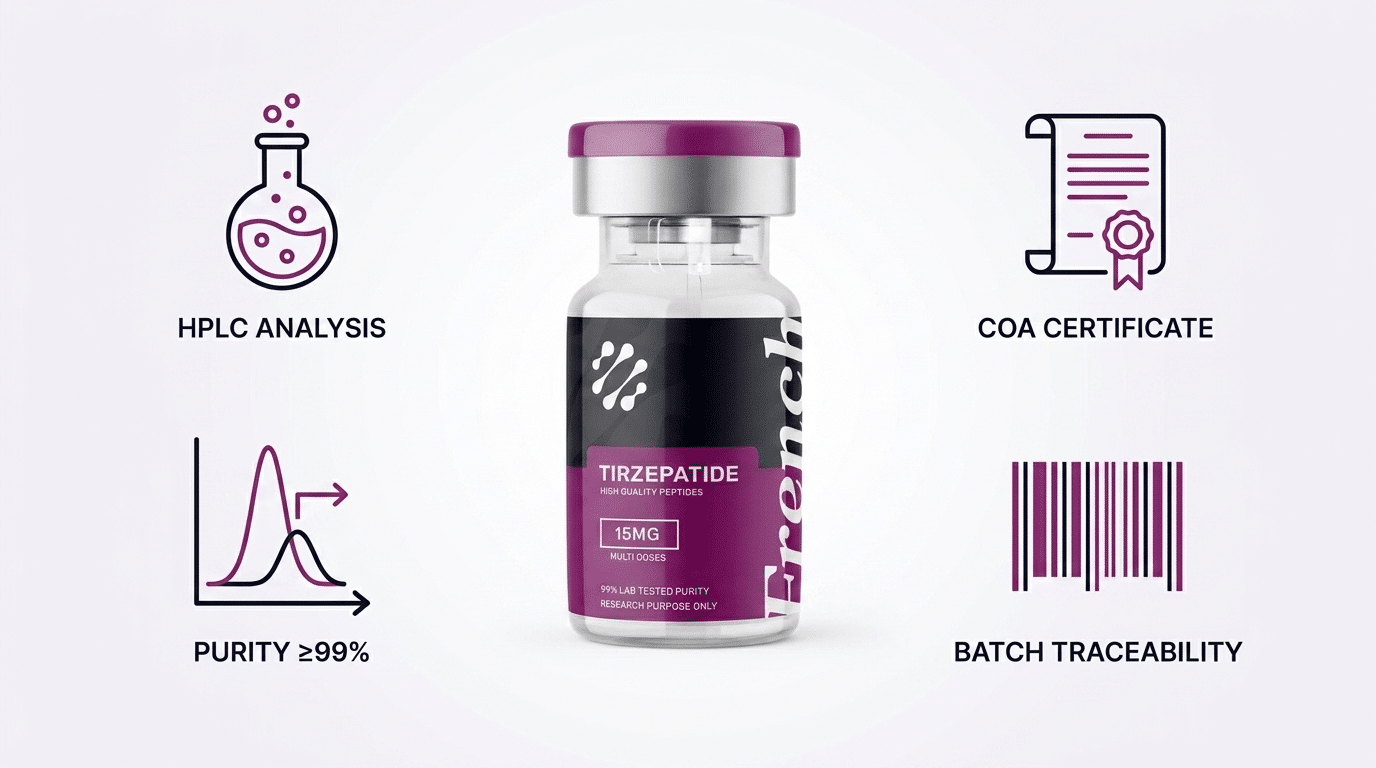 Critères qualité du tirzépatide, HPLC, COA, pureté ≥99 %, traçabilité lot, French Peptides