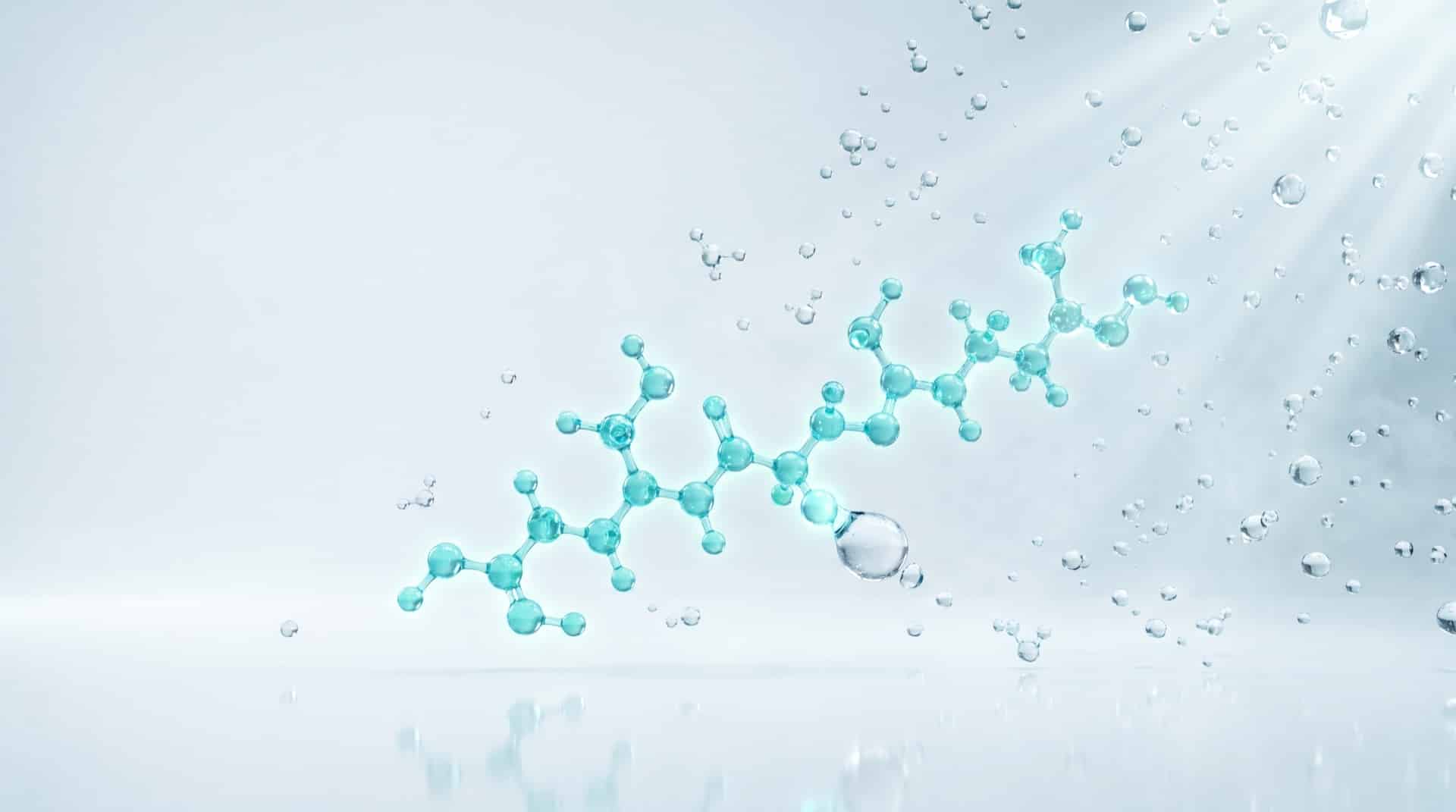 Chaîne peptidique sèche attirant des molécules d eau, illustration de l hygroscopie