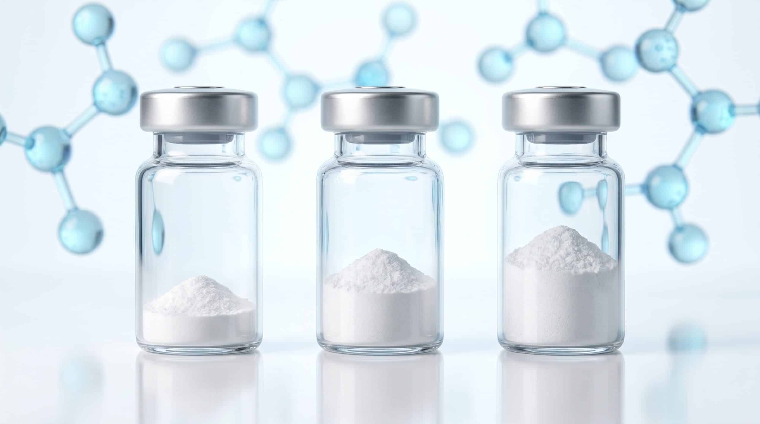 Trois flacons de retatrutide alignés représentant les dosages 10mg 15mg et 20mg sur fond blanc épuré