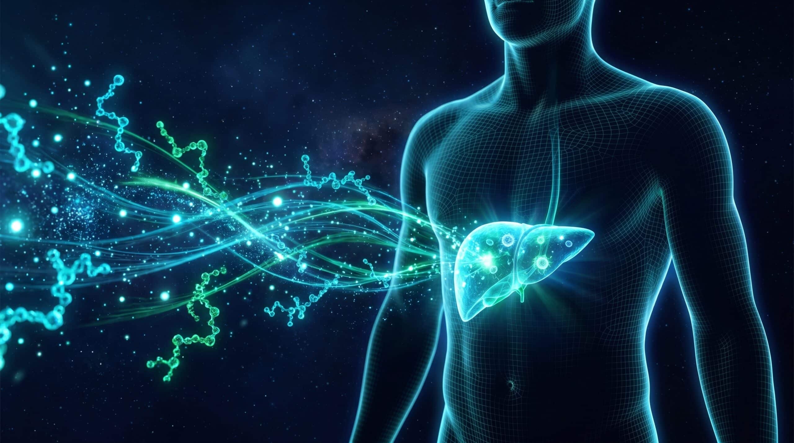 Visualisation 3D du mécanisme triple agoniste retatrutide convergeant vers le foie sur fond bleu nuit