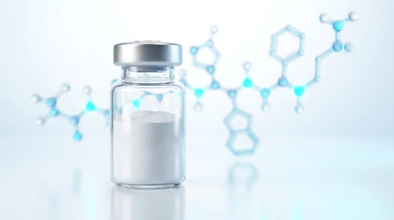 Flacon Ipamorelin lyophilisé pour recherche pharmacologique avec chaîne pentapeptidique Aib-His-D-2Nal-D-Phe-Lys glow cyan