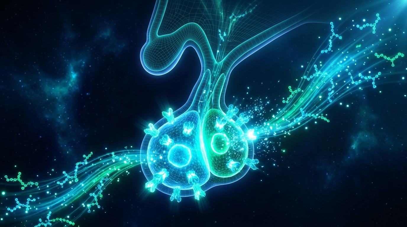 Anatomie 3D hypothalamus et hypophyse avec récepteur GHS-R1a et signalisation peptidique sécrétagogue cyan émeraude