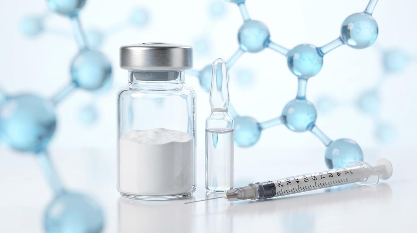 Flacon Ipamorelin lyophilisé avec eau bactériostatique et seringue stérile dans un environnement laboratoire pour reconstitution research only