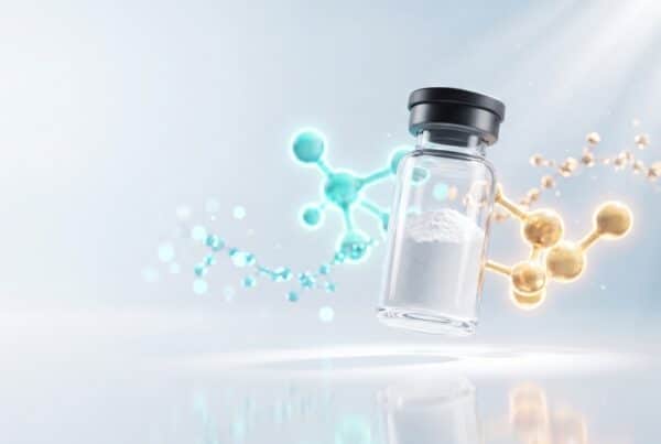 Mazdutide double agoniste GLP-1 glucagon, fiole de recherche avec molécules cyan et ambre, guide scientifique 2026