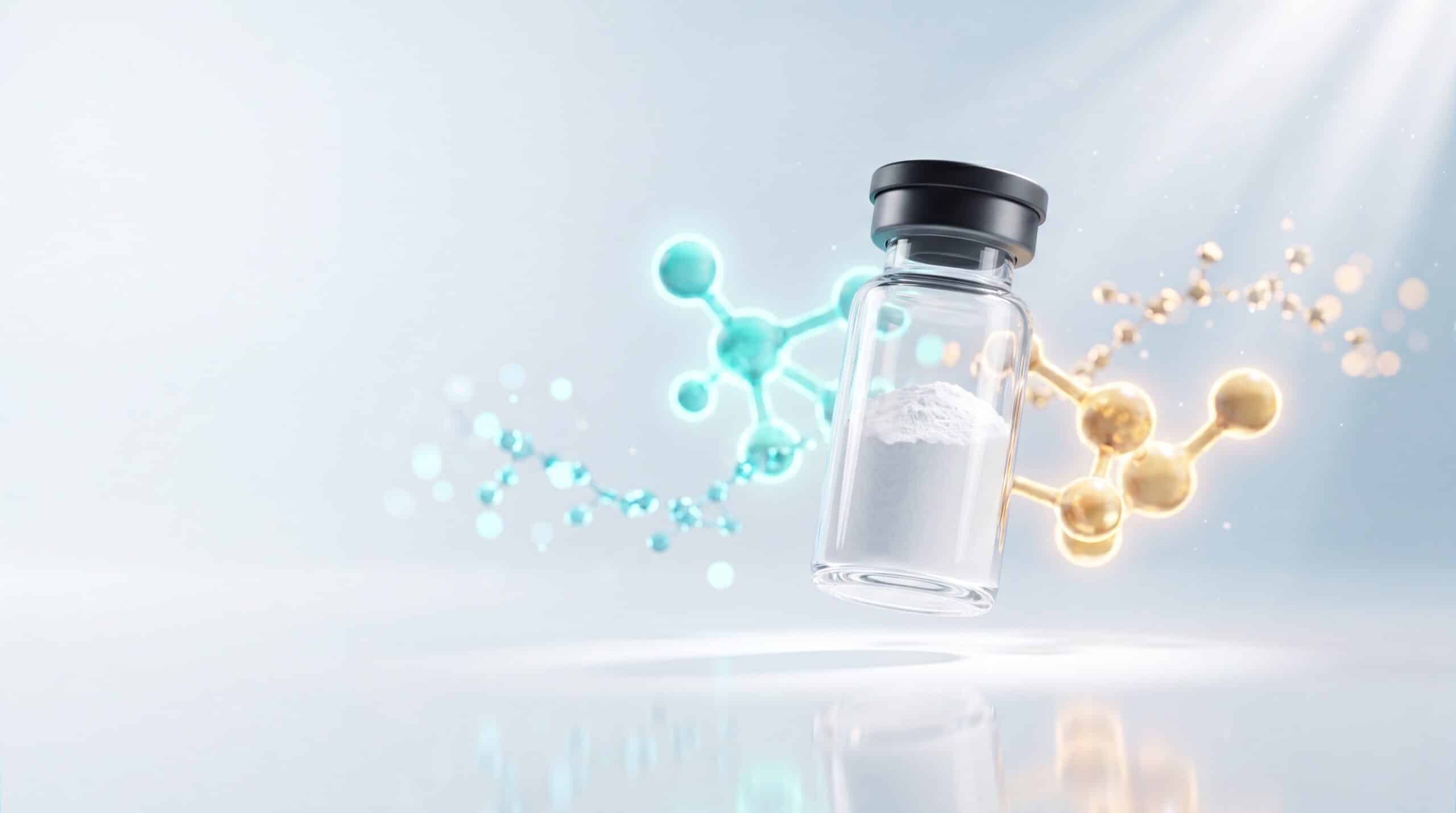 Mazdutide double agoniste GLP-1 glucagon, fiole de recherche avec molécules cyan et ambre, guide scientifique 2026