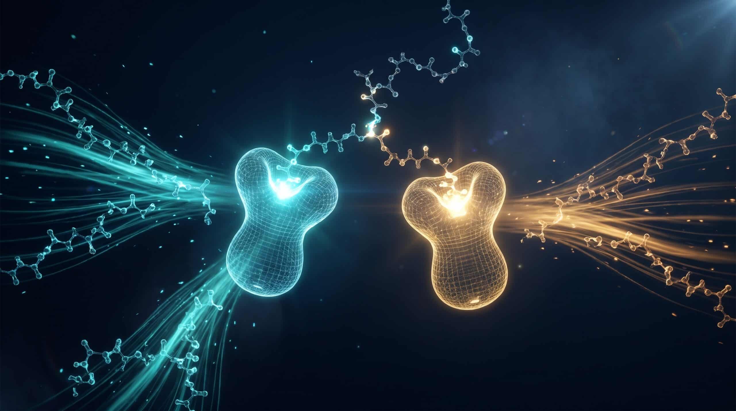 Mécanisme moléculaire du mazdutide, récepteurs GLP-1 et glucagon s'illuminant à la liaison du peptide, illustration biotech sur fond sombre