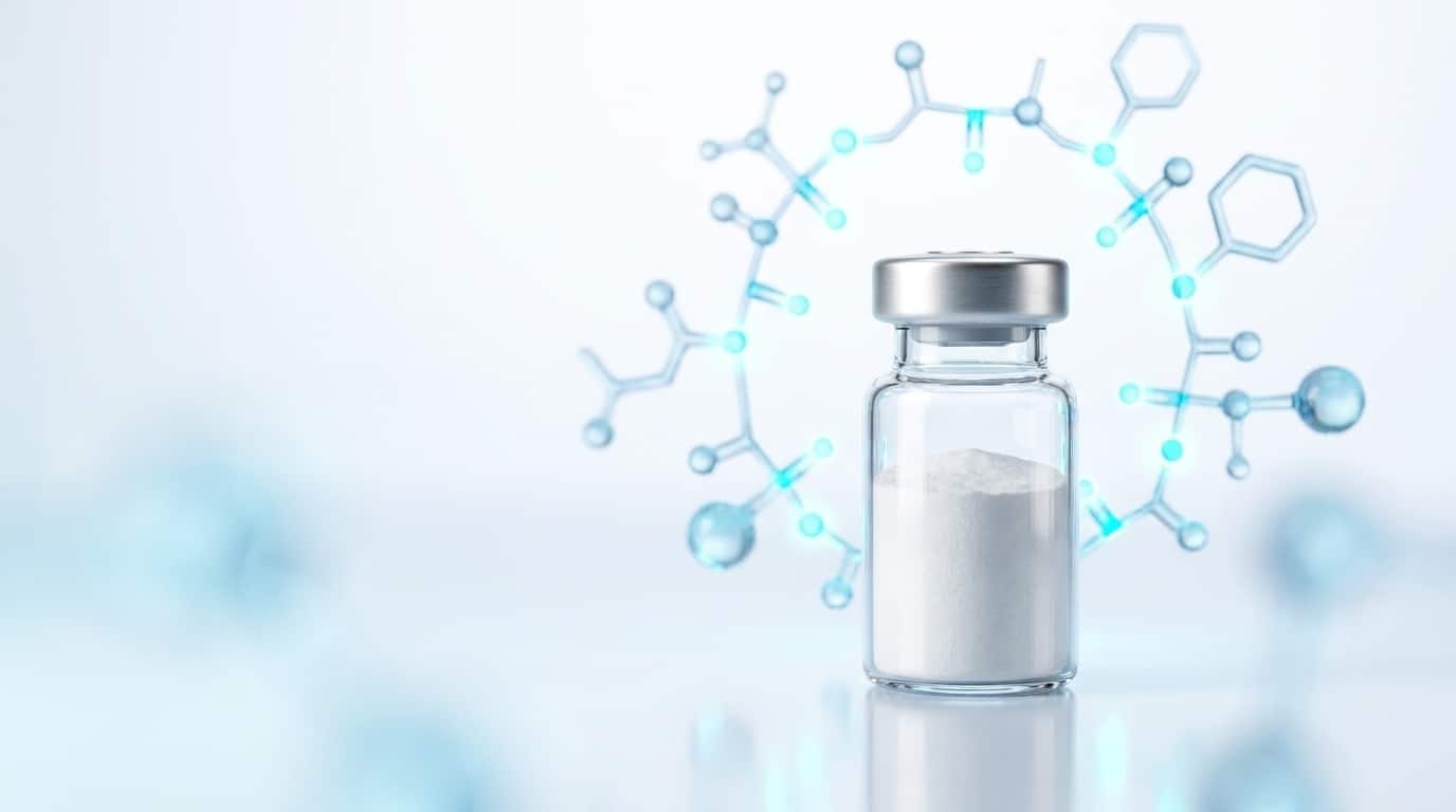 Flacon Melanotan-2 lyophilisé pour recherche pharmacologique avec chaîne moléculaire α-MSH analogue cyclique cyan