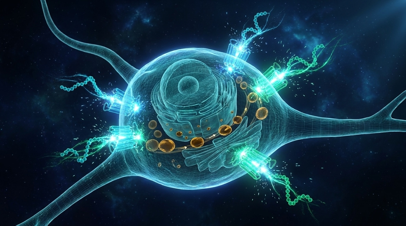 Mélanocyte cellulaire 3D avec récepteurs mélanocortines MC1R MC3R MC4R MC5R en visualisation cyan émeraude et formation de mélanosomes
