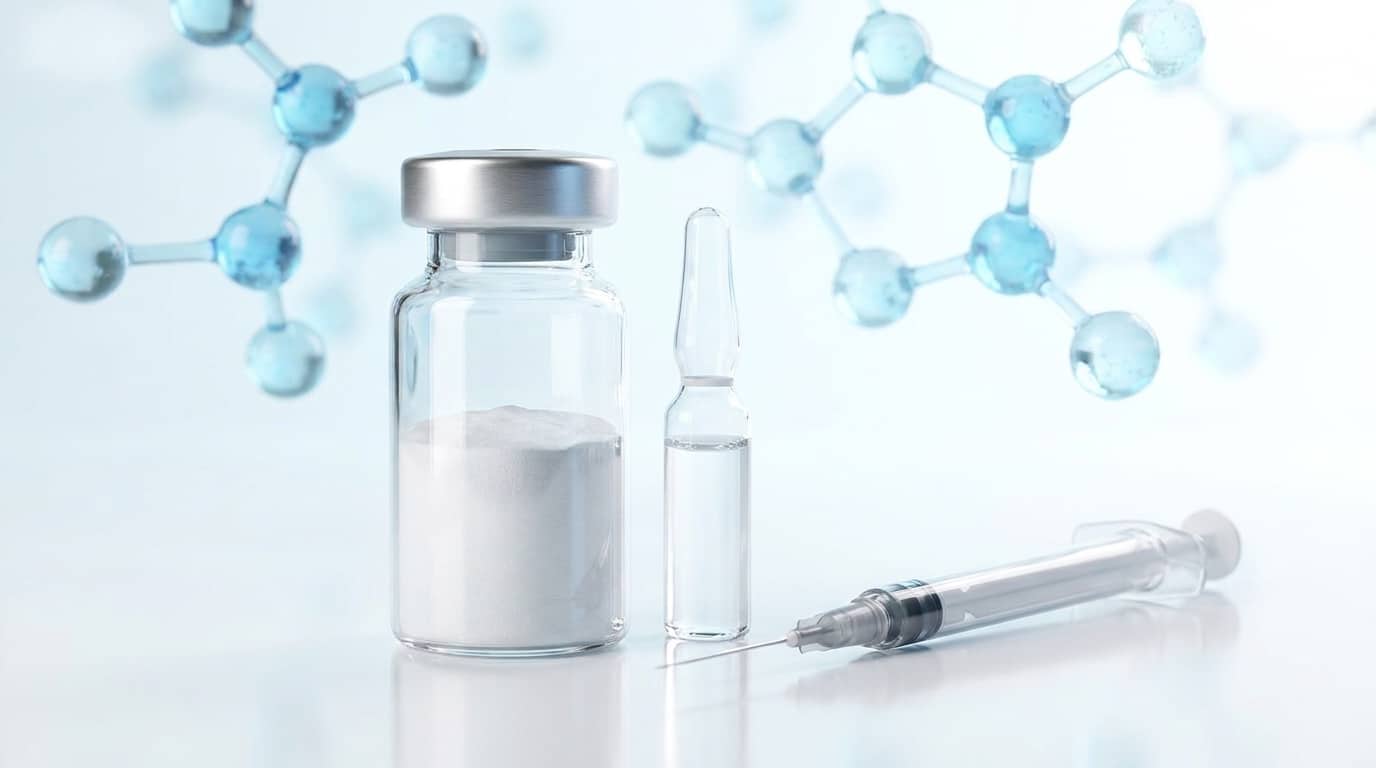 Setup laboratoire pour reconstitution de Melanotan-2 lyophilisé avec eau bactériostatique et seringue stérile pour recherche in vitro