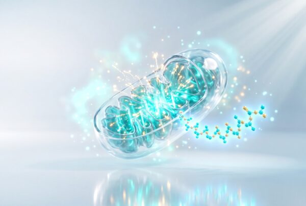 Mitochondrie lumineuse émettant un peptide MOTS-c, illustration de signalisation métabolique