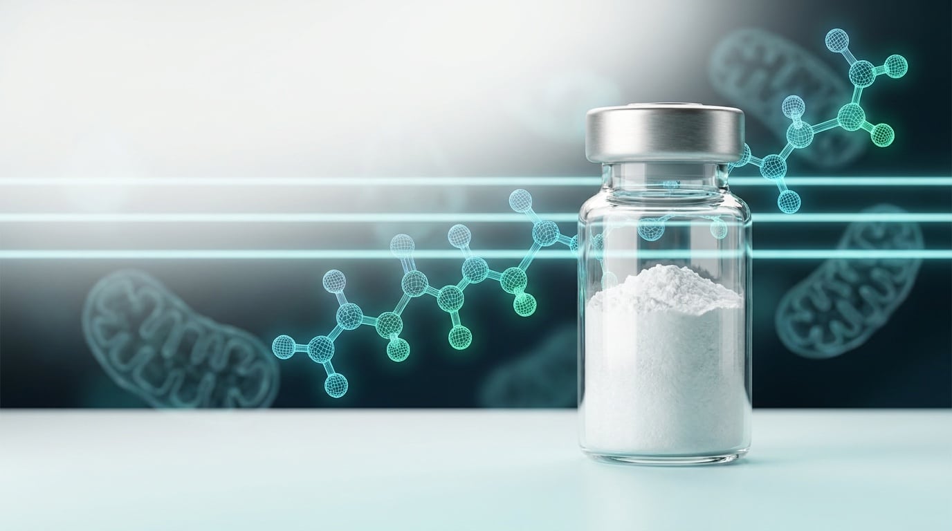Vial pharmaceutique de MOTS-c avec structures peptidiques mitochondriales cyan en bokeh, design pharma éditorial moderne