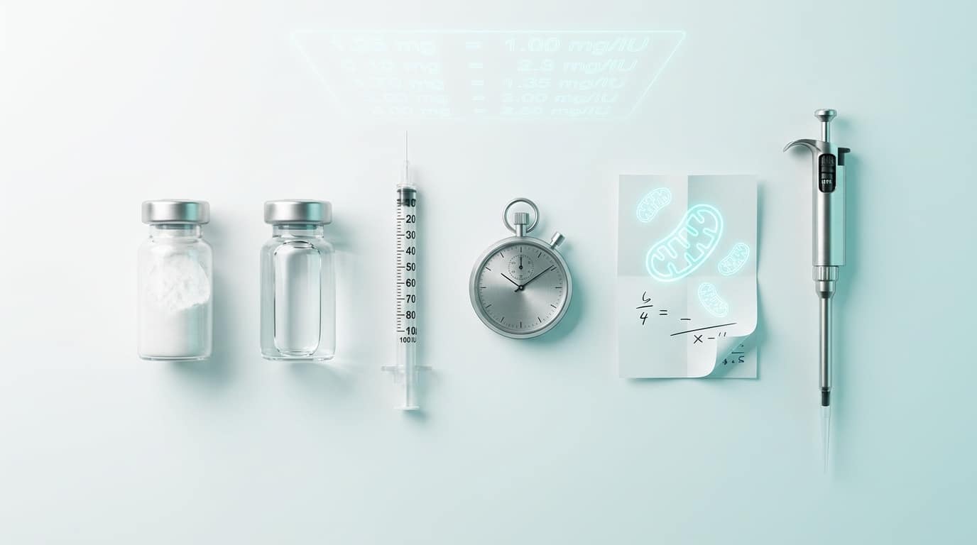 Flat-lay knolling overhead vial MOTS-c seringue insuline chronomètre et notepaper — peptide mitochondrial recherche protocole SC