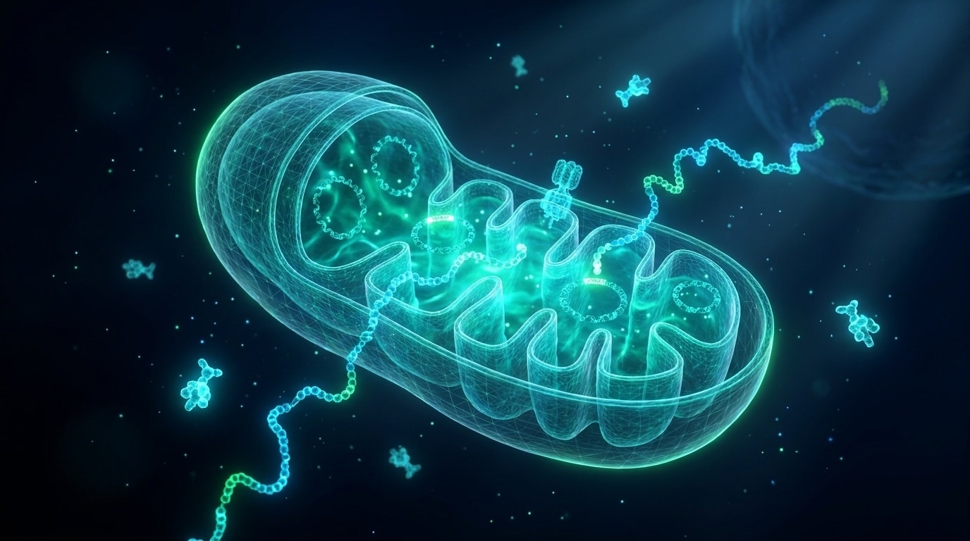 Mitochondrie 3D cyan émeraude avec membranes ATP mtDNA et chaînes peptide MOTS-c — mécanisme cellulaire activation AMPK