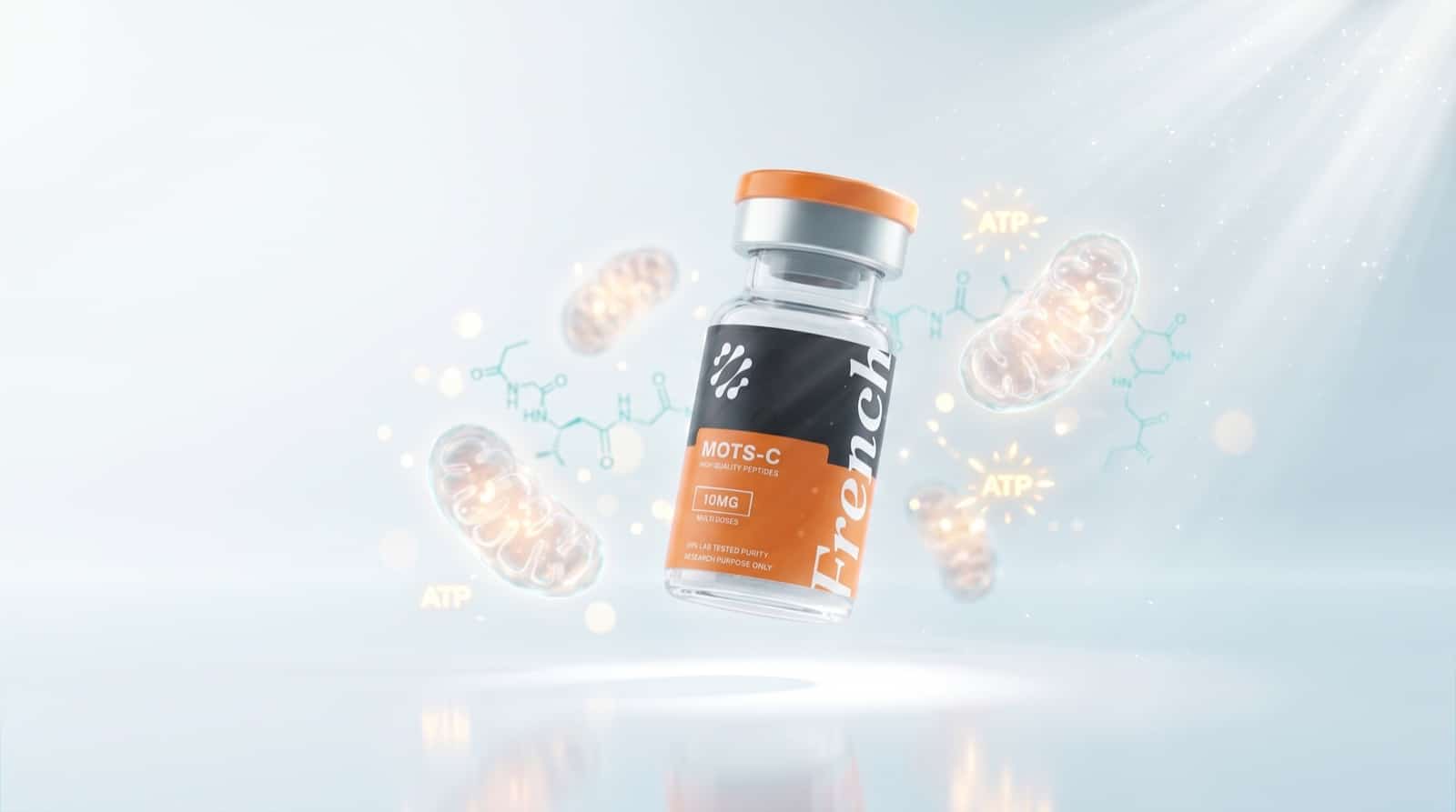 Flacon de MOTS-c lyophilisé French Peptides sur fond clair avec motif mitochondrial