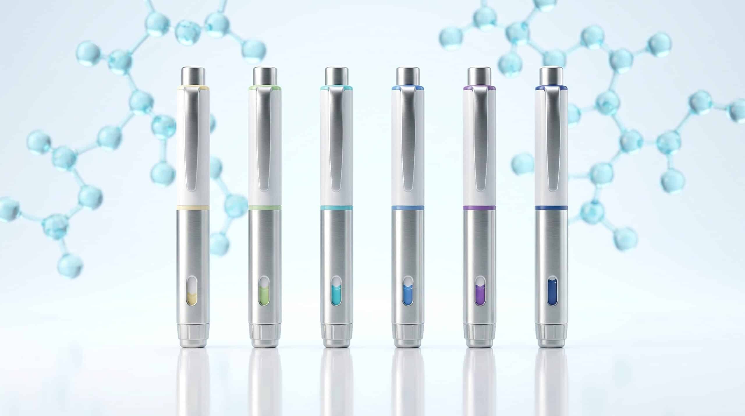 Comparaison de plusieurs stylos-injecteurs pharmaceutiques GLP-1 alignés, prix libre Mounjaro 230 à 440 euros par mois en France 2026